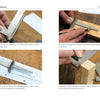 Four instructional photos from Knifemaking for Beginners by Schiffer Publishing, Ltd. show hands using calipers and drawing tools to measure and mark materials, plus a knife sketch on graph paper—perfect for beginner knife makers.