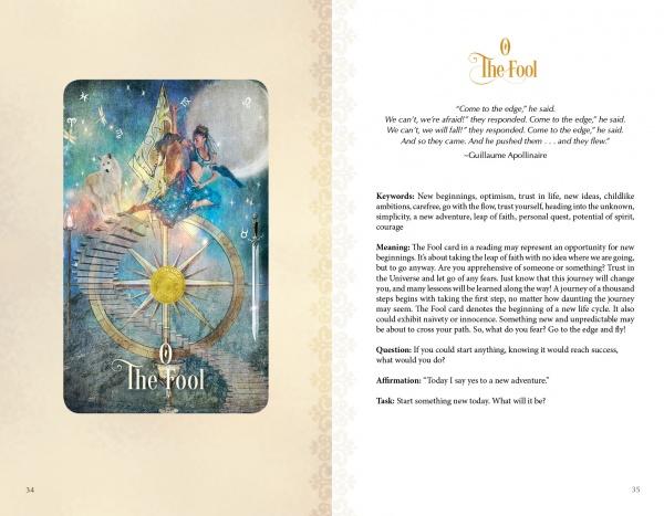 The Tarot of Enchanted Dreams by Schiffer Publishing, Ltd. features The Fool card: a young woman on a spinning wheel with a white dog amid celestial symbols. The guide details personal growth, new beginnings, and the card’s deeper meanings.