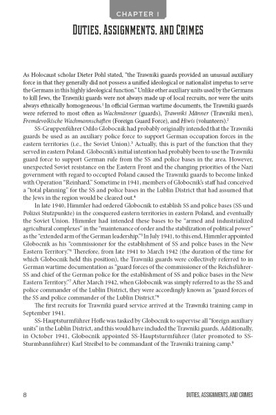 A textbook page explores Trawniki Guards, published by Schiffer Publishing, Ltd., detailing their roles, assignments, and impact during the Holocaust across Eastern Europe as part of the Final Solution.