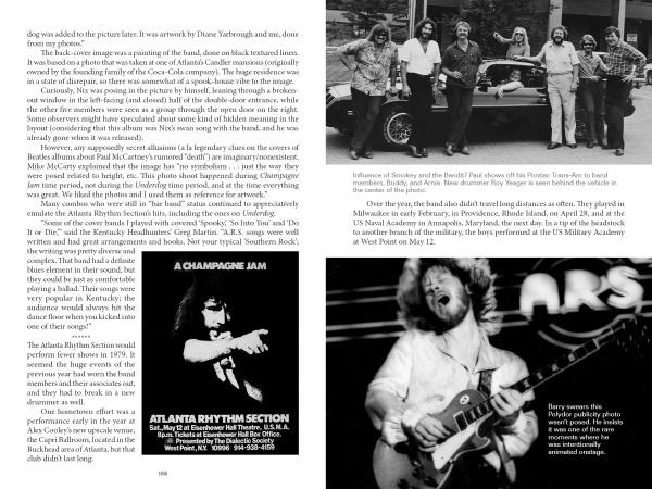 A magazine spread with a black-and-white photo of men by a vintage car, an ad for The Atlanta Rhythm Section from Schiffer Publishing, Ltd., and an image of a guitarist performing on stage with text.