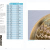 Two-page spread from Guilloché (Schiffer Publishing, Ltd.): left page has text on basket weaves with a small circular B&W basket image; right page shows a close-up of a golden rose engine basket and a table of basket weave designs.