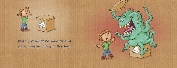 A surprised boy stands by a box labeled "Do Not Open," as a big, green, tentacled monster pops out—perfect for sparking curiosity in kids with "Do Not Open the Box" from Schiffer Publishing, Ltd.