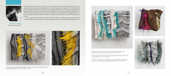 A spread from "Artistry in Fiber, Vol. 1" by Schiffer Publishing, Ltd. features wall-mounted fiber art with colorful fringes, close-ups of fabric details, and a black-and-white artist photo, describing fiber techniques and materials used.