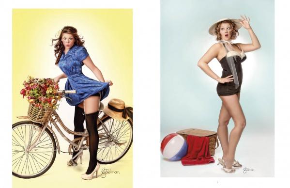 Two women channel vintage glamour in "Bombshell" by Schiffer Publishing, Ltd.—one poses in a blue dress by a bike with tulips, the other in a retro swimsuit, sun hat, and heels beside a beach ball and wicker basket.