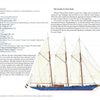 A page from "Great American Schooner Yachts" by Schiffer Publishing, Ltd. displays a color illustration of a three-masted schooner, with ship specs on the left and historical launch details on the right.