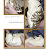 Four photos from "Carving the Screech Owl" by Schiffer Publishing, Ltd. show hands using carving and woodburning tools to add feather detail to the owl’s wing and head, highlighting each stage of the detailed process.
