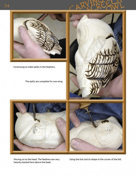 Four photos from "Carving the Screech Owl" by Schiffer Publishing, Ltd. show hands using carving and woodburning tools to add feather detail to the owl’s wing and head, highlighting each stage of the detailed process.