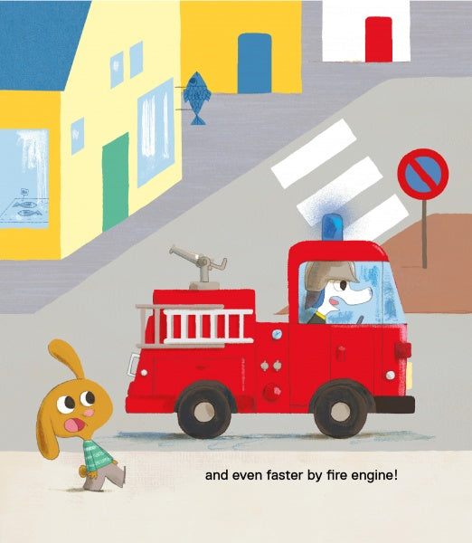 In Schiffer Publishing, Ltd.'s "Faster, Please!", an illustrated dog waves from a red fire engine passing yellow buildings, while another dog watches nearby. Fun details like a no parking sign help kids identify vehicles as they read.