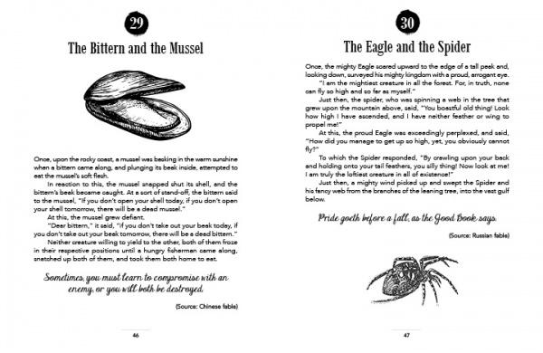 Open pages from "50 Famous Fables and Folk Tales" by Schiffer Publishing, Ltd. display black-and-white illustrations—a mussel on the left, a spider on the right—each with numbered fables and morals that bring classic tales to life.