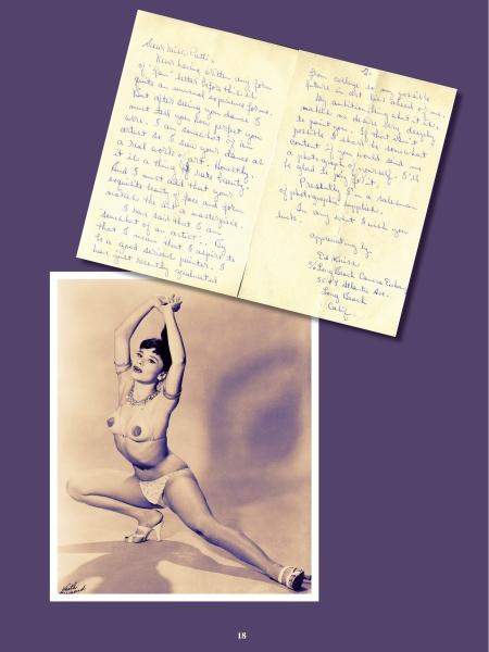 A vintage black-and-white photo of burlesque star Patti Waggin posing topless is featured above a handwritten fan letter in "Fan Letters To A Stripper" by Schiffer Publishing, Ltd., set against a purple background.