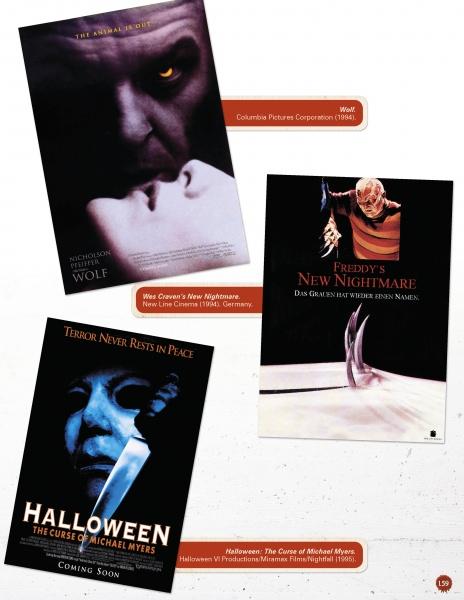 Three horror movie posters from Graphic Horror by Schiffer Publishing, Ltd. are shown: Wolf (two faces close-up), Freddy’s New Nightmare (Freddy Krueger’s clawed hand), and Halloween: The Curse of Michael Myers (eerie illustration).