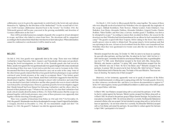 A book spread from "Trawniki Guards" by Schiffer Publishing, Ltd. features two text pages: the left titled DEATH CAMPS and BEŁŻEC; the right details the Final Solution, Trawniki concentration camp, and Holocaust perpetrators in WWII. No images included.
