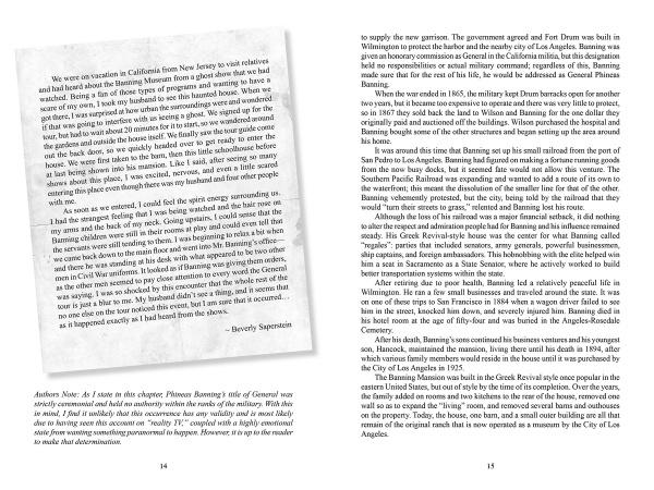 A book spread from California's Historic Haunts by Schiffer Publishing, Ltd. features text and a tilted letter excerpt on pages 14-15, with the letter revealing an experience at California haunted sites and the text about Phineas Banning’s history.