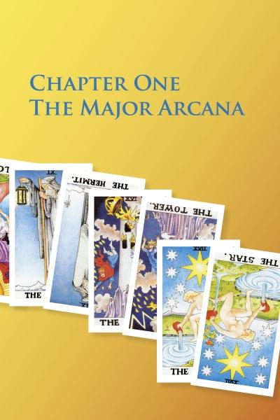 A tilted row of Tarot in Reverse Major Arcana cards by Schiffer Publishing, Ltd. are fanned on a yellow gradient, some reversed. "Chapter One The Major Arcana" appears in blue at the top. Cards shown include The Hermit, The Tower, and The Star.