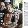 An older man and a tattooed woman sit together on a patterned couch in a plant-filled room. Text reads “Bill Salmon & Junii Shimada,” renowned tattoo artists. Right side features info about Knives and Needles by Schiffer Publishing, Ltd.