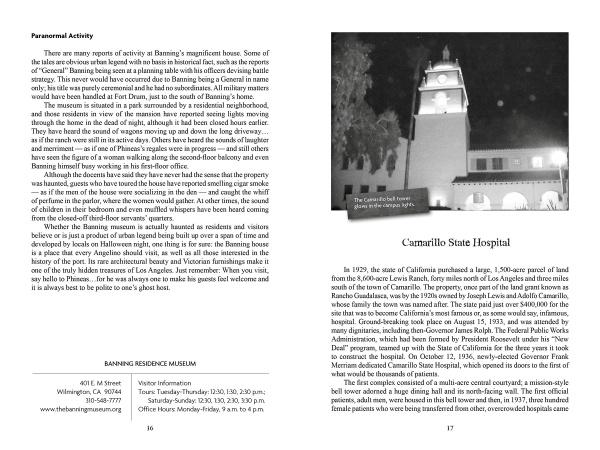 A black-and-white photo of a tall, lit clock tower at night appears on the right page. The spread from "California's Historic Haunts" by Schiffer Publishing, Ltd. explores paranormal activity at Camarillo State Hospital, with museum info at the bottom left.