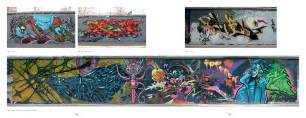 A collage of five murals from "Beijing Graffiti" by Schiffer Publishing, Ltd., highlights Chinese street art with colorful abstract designs, fantastical creatures, and stylized characters in vibrant blue, orange, pink, yellow, and green.