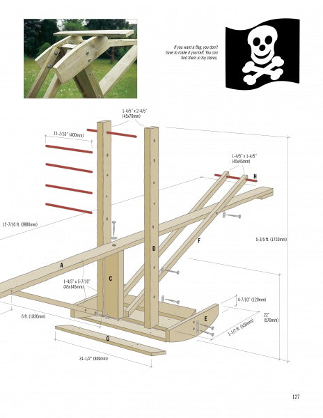 Diagram from "Basic Carpentry and Interior Design Projects for the Home and Garden" by Schiffer Publishing, Ltd. shows labeled wooden beams to build a backyard pirate ship—perfect for fun DIY home projects. Pirate flag with skull included in the illustration.