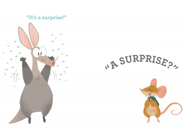 Illustration from I Think I Can by Schiffer Publishing, Ltd.: a happy aardvark with confetti and the words "It's a surprise!" on the left, and a surprised mouse in a bow tie on the right—great for building reading confidence.