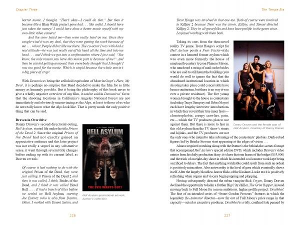 A spread from "It Came From the Video Aisle!" by Schiffer Publishing, Ltd. shows a Hell Asylum cult film poster with a distressed woman on the left page and a group photo of six people on the right page.