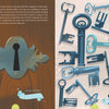 Illustration of a large ornate keyhole on a wooden door (left) and 23 numbered keys scattered on blue (right). A small blue creature eagerly prepares for Escape Game Adventure: The Last Dragon by Schiffer Publishing, Ltd.