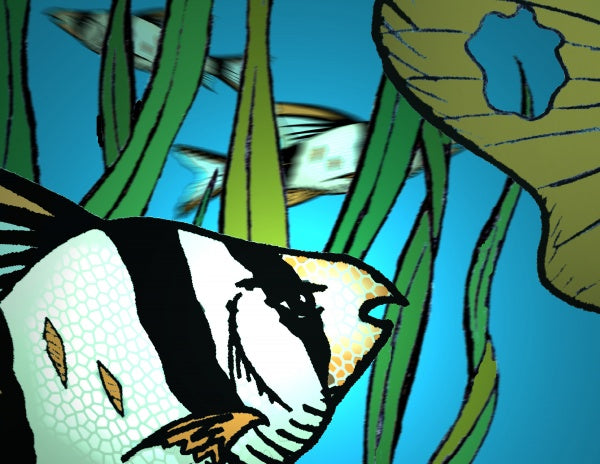An illustration from "The Fish Tank" by Schiffer Publishing, Ltd. features tropical fish swimming among green aquatic plants with a blue background and a large yellowish rock or coral on the right side.