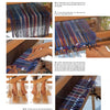 The Techniques and Art of Weaving by Schiffer Publishing, Ltd. features step-by-step photo guides of hands weaving blue yarn on a loom, with close-ups, images of bare feet on loom pedals, and clear text instructions beside each picture.