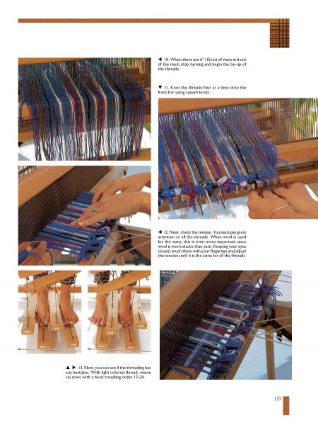The Techniques and Art of Weaving by Schiffer Publishing, Ltd. features step-by-step photo guides of hands weaving blue yarn on a loom, with close-ups, images of bare feet on loom pedals, and clear text instructions beside each picture.