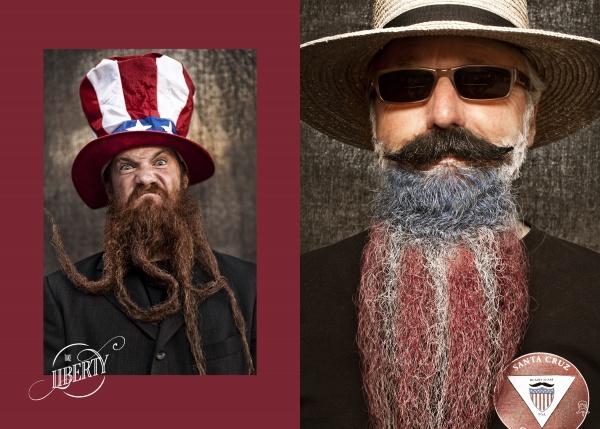 Two men highlight their pogonotrophy skills: one in an Uncle Sam hat with a fierce beard, the other sporting sunglasses, a straw hat, and a patriotic beard—perfect for fans of "Art of the Beard" by Schiffer Publishing, Ltd.