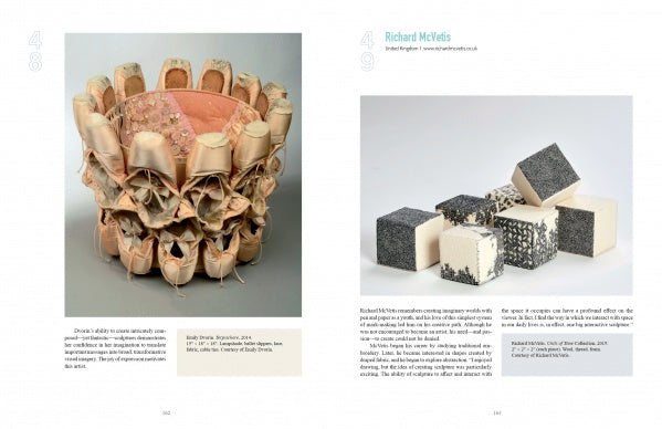 A two-page catalog spread: The left page features Dimensional Cloth, a soft, rounded textile sculpture in peach and beige by Schiffer Publishing, Ltd.; the right shows geometric white blocks with black patterns. Captions appear below each image.