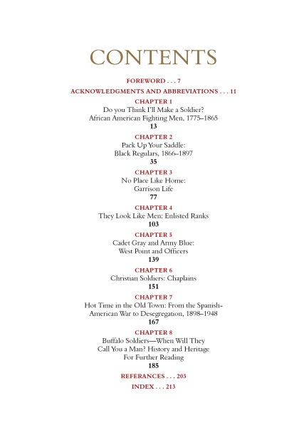 Table of contents for "Fighting for Uncle Sam" by Schiffer Publishing, Ltd., showing chapters on buffalo soldiers, chaplains, ranks, the Trans-Mississippi West, plus titles and page numbers about African American military history.