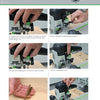 A step-by-step photo guide from Schiffer Publishing, Ltd.'s "Festool*R Essentials: The Routers" shows hands adjusting the depth gauge, turning knobs, using the micro-adjuster, and removing the depth rod for precision woodworking.