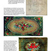 A page from "Rug Hooking In Maine" by Schiffer Publishing, Ltd. shows three images: a circular floral rug sketch, an oval Maine-inspired hooked rug, and a rectangular red and white flower rug, each with accompanying text.