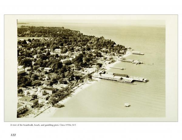 Aerial view image of Colonial Beach, Virginia on the Potomac River, with beachfront buildings, boats, and piers; features a vintage 1930s postcard style. Product from Schiffer Publishing, Ltd.
