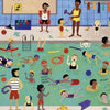 Adults and toddlers enjoy the busy indoor pool, swimming and playing with toys as others relax by the water. Lifeguard and equipment are visible. "Shhh" by Schiffer Publishing, Ltd. captures this lively poolside scene.