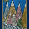 Colorful stylized mountains with white peaks rise above swirling blue waves under a golden sun in a deep blue sky. Framed in dark blue with "17 MOUNTAINS" below, inspired by The Empathic Oracle by Schiffer Publishing, Ltd.
