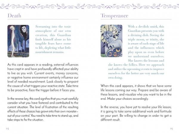 Two pages from the Guardian Tarot by Schiffer Publishing, Ltd. show Death and Temperance cards, each with concise descriptions, upright and reversed meanings, and a small illustration above clear, simply arranged text.