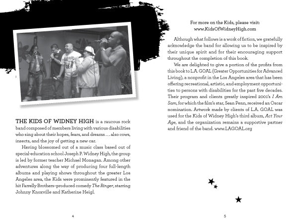A black and white photo shows four members of The Kids of Widney Junior High performing on stage, singing energetically into microphones, amid musical equipment. From "The Kids of Widney Junior High Take Over the World!" by Schiffer Publishing, Ltd.