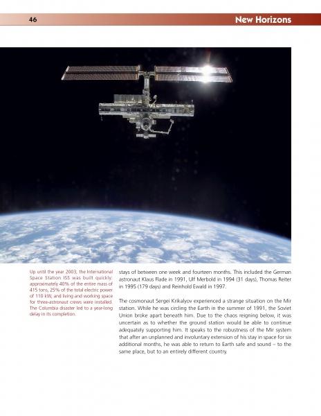 The International Space Station orbits above Earth, revealing the planet's blue and white curve, featured in "From Space to Earth" by Schiffer Publishing, Ltd., a book on space exploration and technology advances.