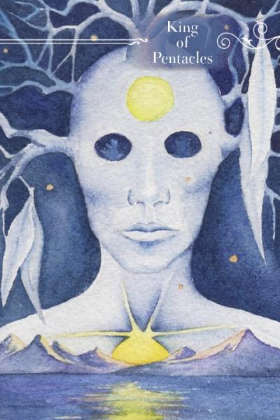 A surreal figure with a white mask-like face and glowing yellow circles stands among blue tree branches, evoking Tarot and guardianship. "King of Pentacles" appears at the top. From Guardian Tarot by Schiffer Publishing, Ltd.