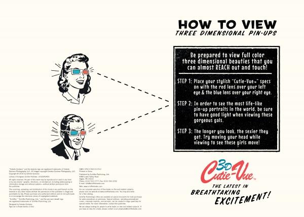 The guide for Celeste Giuliano's Pin-ups in 3-D by Schiffer Publishing, Ltd. features vintage-style illustrations of a man and woman in 3D glasses, with text on viewing three-dimensional pin-up girls through red and blue lenses.