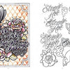 From Schiffer Publishing, Ltd.’s Tattoo Lettering & Banners: a coloring page with a butterfly and roses plus "La Vie en Rose" script on the left, and banner lettering, roses, a steaming mug, and a frog outline on the right—ready to color.