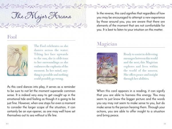 A page from Schiffer Publishing, Ltd.'s Guardian Tarot features descriptions and images of the Fool (dancing by water) and the Magician (with a wand), detailing card meanings, upright readings, and themes for personal growth.