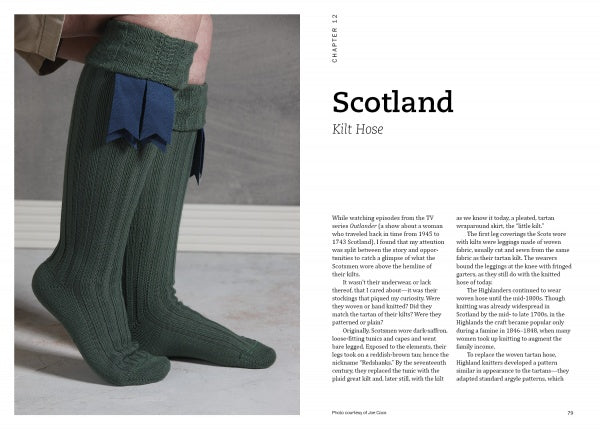 Close-up of a person's lower legs wearing green knitted kilt hose socks, inspired by heritage crafts, with blue flashes. On the right, text about Scotland and kilt hose appears. Book: "Threads Around the World" by Schiffer Publishing, Ltd.