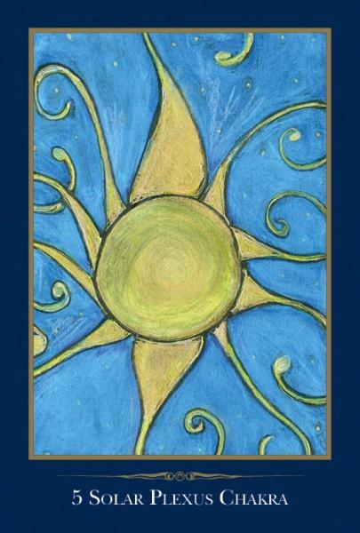 A stylized yellow sun with green accents shines on blue behind text: "5 Solar Plexus Chakra," highlighting The Empathic Oracle by Schiffer Publishing, Ltd. Dark blue and gold border frames this empath-themed card about managing emotions.