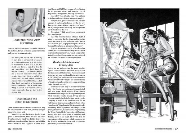 A black-and-white magazine spread from Schiffer Publishing’s "Eric Stanton & the History of the Bizarre Underground" shows an artist at work on the left and, on the right, two dominant women restraining a man, Stanton-style. Both pages feature text columns.