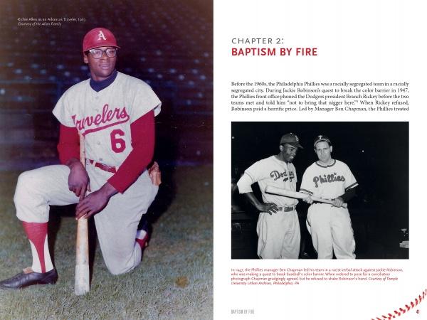 A Black player in a Travelers uniform kneels with a bat. The next page of "Dick Allen, The Life and Times of a Baseball Immortal" (Schiffer Publishing, Ltd.) features a chapter title, a biography excerpt, and a photo of two Phillies shaking hands.
