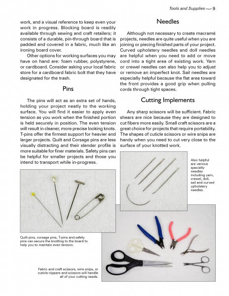 A magazine page from "Macrame Today" by Schiffer Publishing, Ltd. displays sewing tools—pins, needles, clips, and scissors—on a light background with descriptions of each tool's use in wearable art projects.