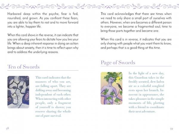 Two Guardian Tarot cards from Schiffer Publishing, Ltd. are shown: one depicts a figure surrounded by swords, the other features a person with a sword and bird. Explanatory notes emphasizing personal growth appear above each card.
