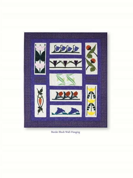 Mary's Garden Quilt by Schiffer Publishing, Ltd. features floral block patterns in vibrant colors with a purple border, arranged on a white background—ideal for appliqué quilting enthusiasts.